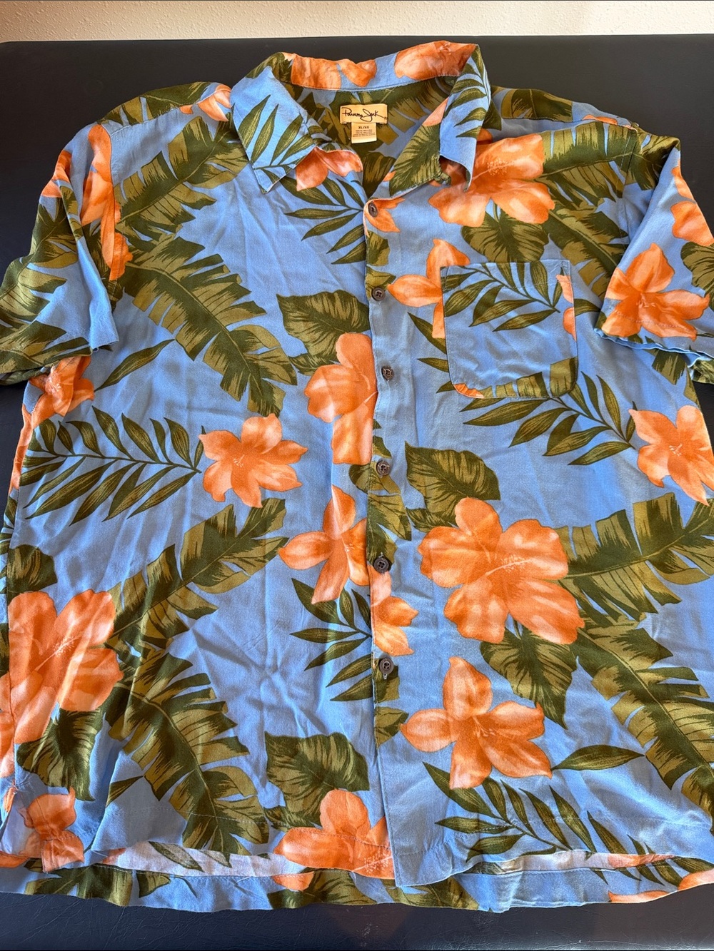 Panama Jack Blue Button-Down Shirt with Orange Floral Print Vintage 90s